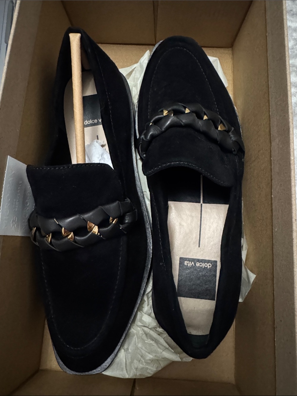 Dolce Vita Black Suede Loafers with Braided Leather & Gold Chain Accent